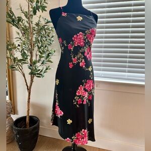 Vintage Fairweather Floral Black and Pink Midi Dress with Asymmetrical Hemline